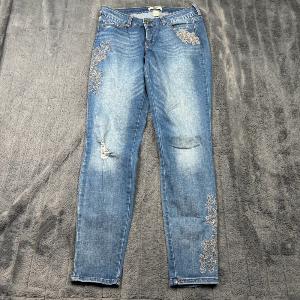 Vintage America Blues Floral Lace Skinny Jeans Blue Size 4R/27 Distressed